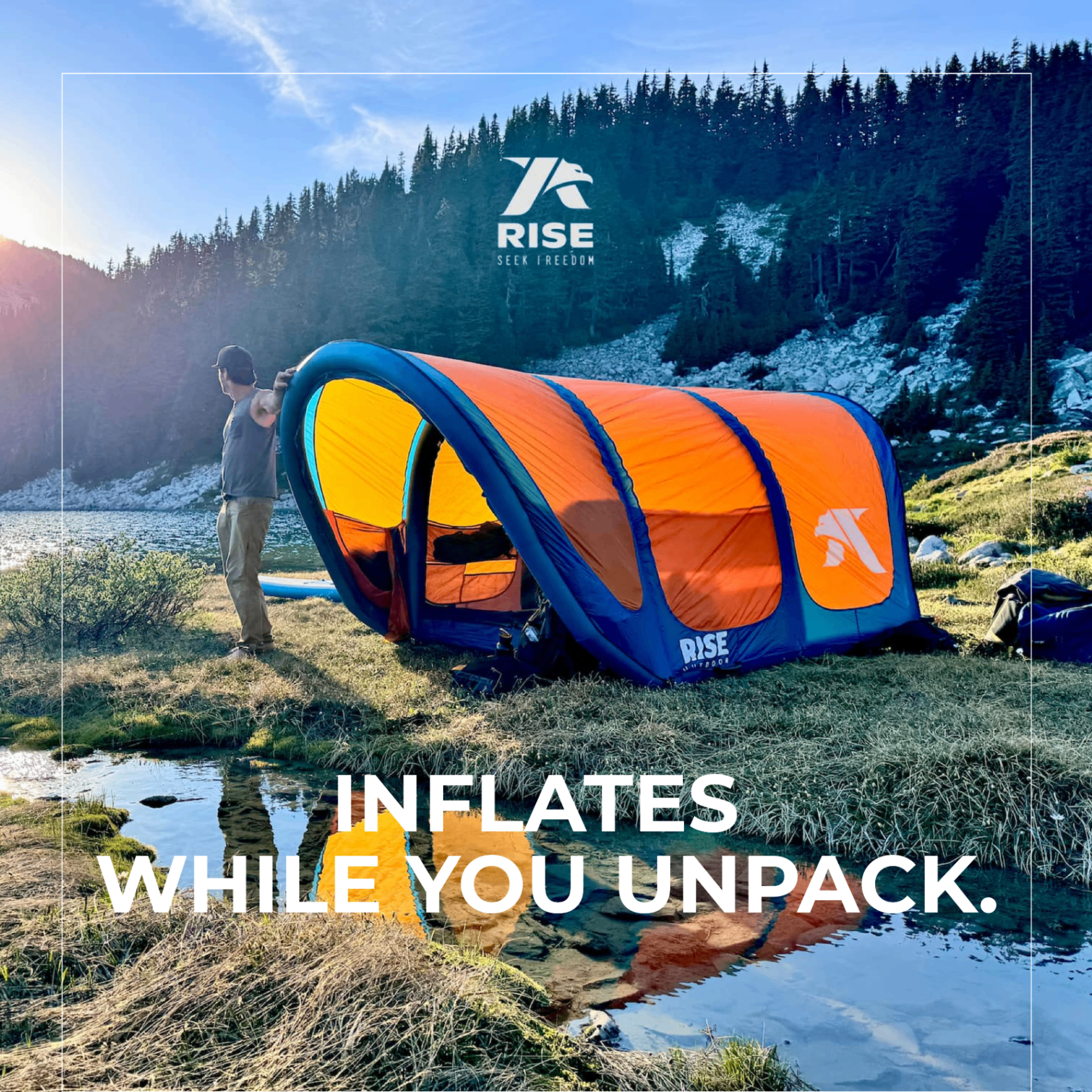 Rise Outdoor AirNEST 3+ inflatable tent in a mountain setting